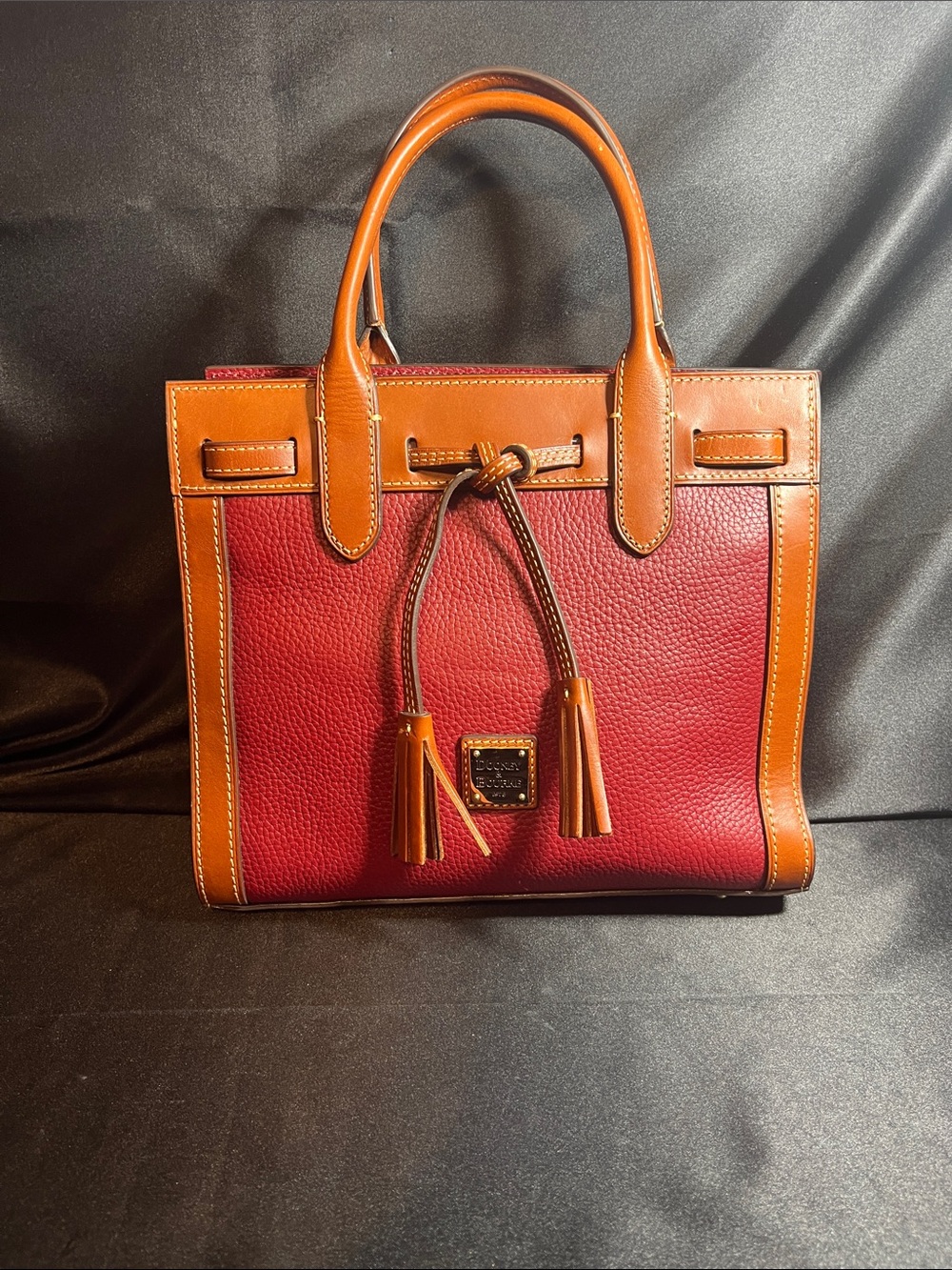 Dooney & Bourke Wine Red Pebble Leather Satchel with Tan Trim